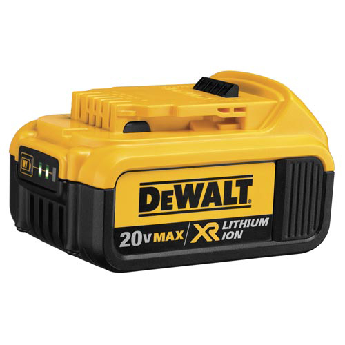 DEWALT 20V MAX XR Lithium Ion battery pack, featuring an LED charge indicator and a compact design.