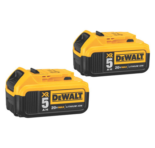 Two DeWalt 20V MAX lithium-ion batteries, each rated at 5 Ah, with a yellow and black design.