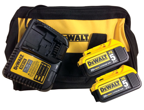 Dewalt battery charger with two 20V MAX lithium-ion batteries in a yellow and black carrying bag.