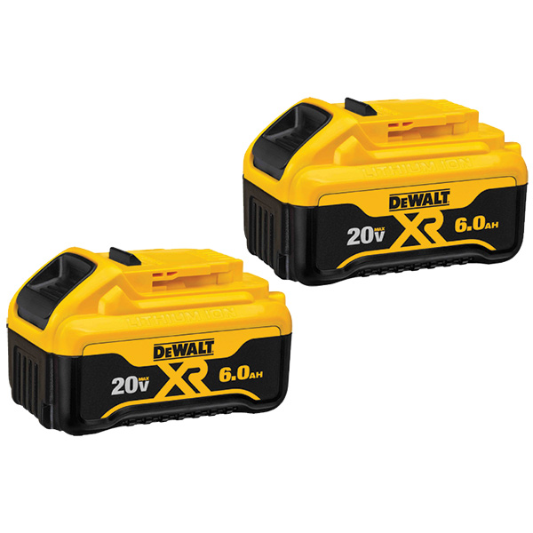 Two DEWALT 20V MAX XR lithium-ion batteries, each with a capacity of 6.0Ah, displayed side by side.