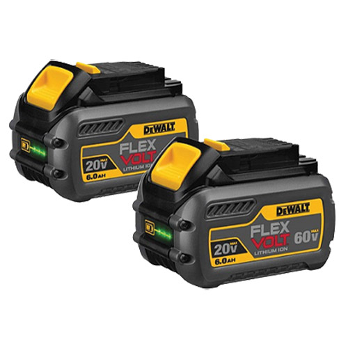 Two DeWALT FlexVolt lithium-ion batteries, each with a capacity of 20V and 6.0Ah, featuring a compact design and yellow accents.