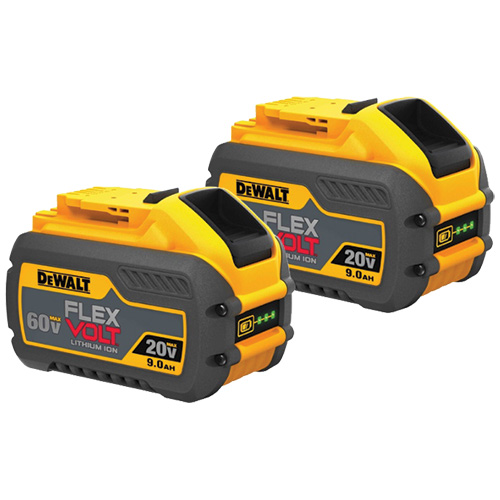 Two DeWALT FLEXVOLT lithium-ion batteries, one rated at 60V and the other at 20V, both with a capacity of 9.0Ah.