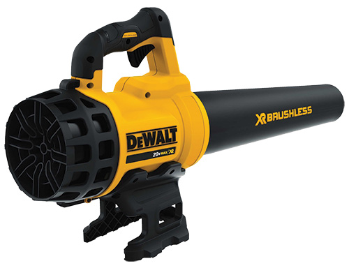 A yellow and black DEWALT cordless leaf blower with a brushless motor, featuring a comfortable grip and a long tube for directing airflow.