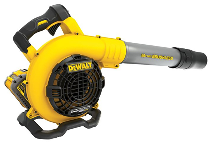 A Dewalt cordless leaf blower with a yellow and black design, featuring a brushless motor and a streamlined nozzle.