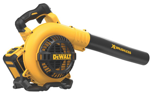 DeWALT cordless leaf blower with a yellow and black design, featuring a brushless motor and a long nozzle for efficient blowing.