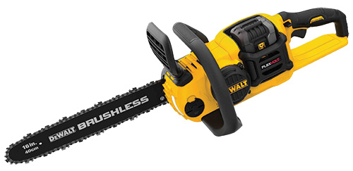 A DeWALT brushless cordless chainsaw with a 16-inch bar, featuring a yellow and black design.