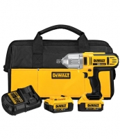 Dewalt cordless drill kit with two battery packs, charger, and storage bag.