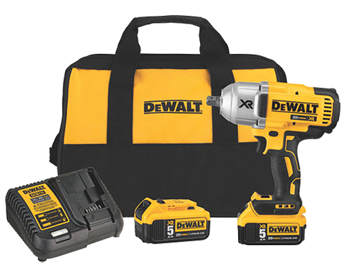 Dewalt cordless impact wrench kit, featuring a tool, two batteries, a charger, and a carrying bag, all in yellow and black.