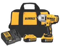 Dewalt cordless impact wrench kit with two batteries and charger, stored in a carrying bag.