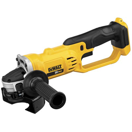A Dewalt 20V cordless angle grinder with a black and yellow design and ergonomic handle.