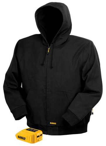 Black hooded sweatshirt with a zippered front and a logo on the lower front, accompanied by a yellow battery pack.