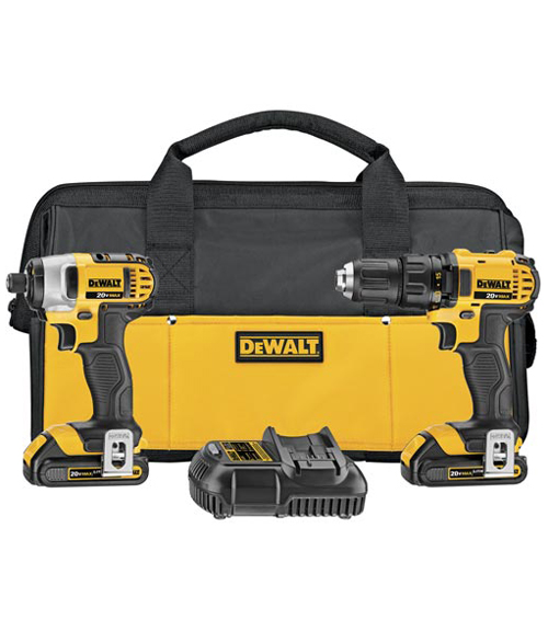 A Dewalt cordless drill and impact driver set displayed with a battery and charger in a black and yellow carrying case.