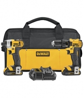 Dewalt power tool set featuring a cordless drill and impact driver, a battery charger, and a carrying case.