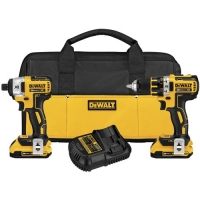 Dewalt cordless drill and impact driver set with a battery and carrying case.