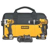 A DeWALT power tool kit featuring two cordless drills, a charger, and a carrying case.