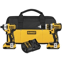 A set of two DeWALT cordless drills with one impact driver and one drill/driver, accompanied by a battery and charger, all stored in a black and yellow carrying bag.