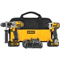 Dewalt power tools set including a drill, impact driver, two batteries, a charger, and a carrying bag.