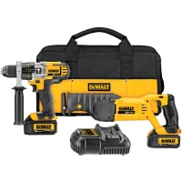 Dewalt power tool set with a drill, reciprocating saw, two batteries, charger, and carrying case.