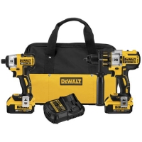 Dewalt cordless drill and impact driver set with batteries and charger in a carrying bag.