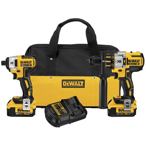 A set of two Dewalt power tools including a drill and impact driver, accompanied by two batteries and a charger, all stored in a black and yellow tote bag.