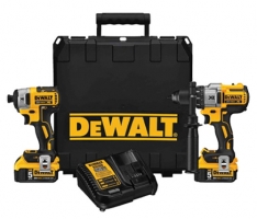 A DeWalt tool kit featuring two power tools, a cordless drill and an impact driver, alongside a charger and a sturdy black carrying case.