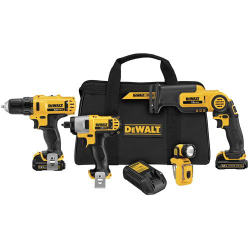 A set of DeWALT power tools including a drill, an impact driver, and a reciprocating saw, all stored in a black and yellow carrying case.