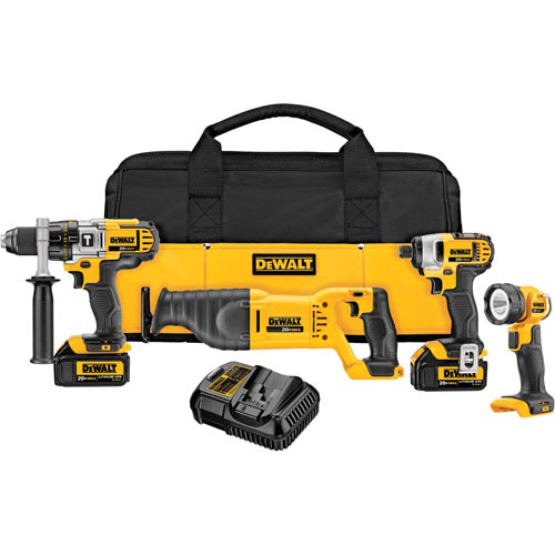A set of four Dewalt power tools, including a drill, impact driver, reciprocating saw, and flashlight, displayed with a battery charger and a black carrying bag.