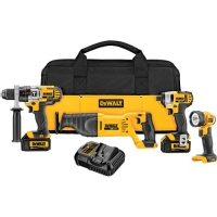 A set of DeWALT power tools including a drill, impact driver, reciprocating saw, work light, and a battery charger, all contained in a black and yellow carrying case.