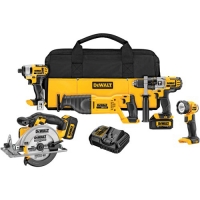 A set of Dewalt power tools including a drill, impact driver, circular saw, flashlight, charger, and carry case.