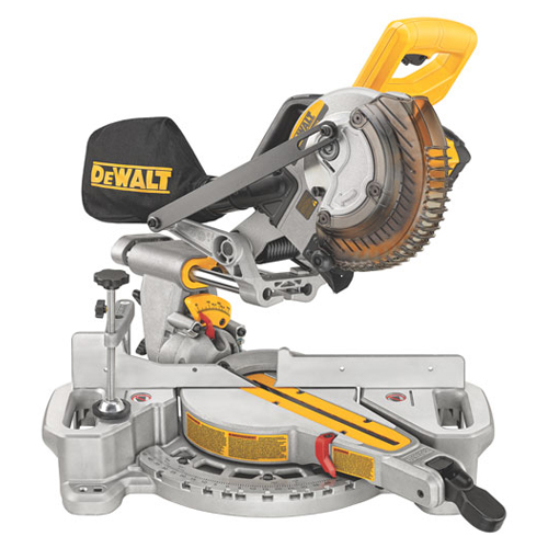 A Dewalt miter saw showing a circular blade mounted on an adjustable arm with a yellow handle, designed for precise angled cuts in wood.