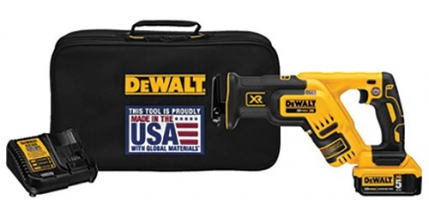 A DEWALT cordless tool set featuring a tool, battery, and charger in a black carrying case, with a label indicating it is made in the USA.
