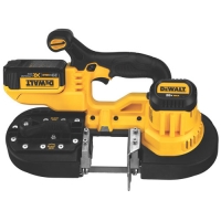 A cordless band saw from DeWALT featuring a yellow and black design, ideal for various cutting applications.