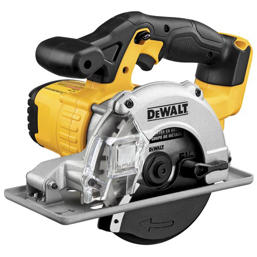A Dewalt cordless circular saw with a yellow and black design, featuring a transparent blade cover and an ergonomic handle.