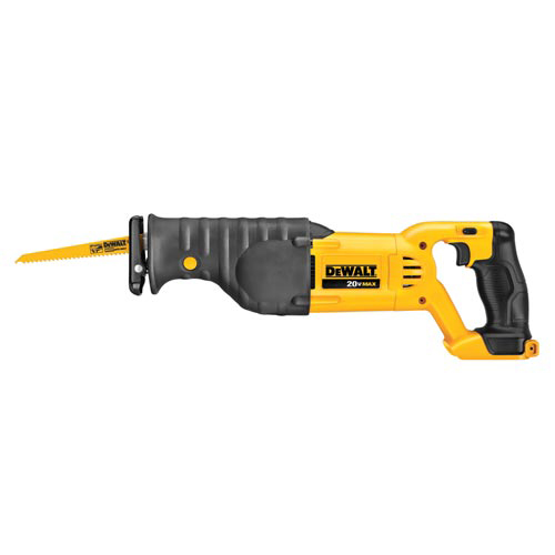 Dewalt 20V MAX reciprocating saw with a black and yellow design, featuring a serrated blade and ergonomic handle.