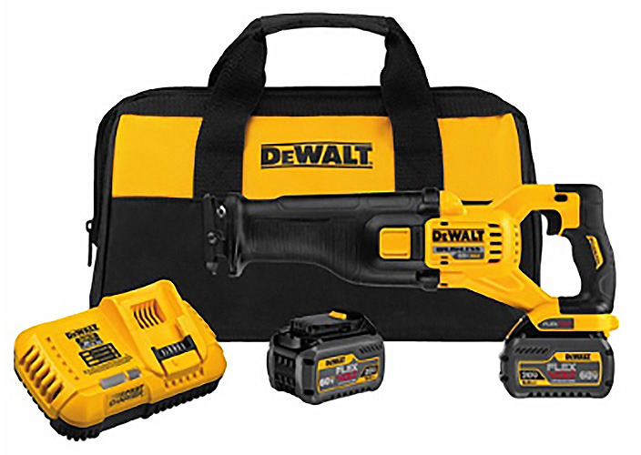 A DEWALT cordless reciprocating saw with two batteries and a charger, all packaged in a black and yellow carrying bag.