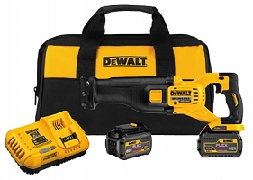 A DEWALT reciprocating saw kit featuring a cordless saw, two batteries, a charging station, and a carrying bag.