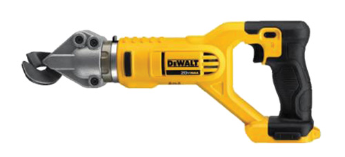 A cordless Dewalt metal cutting tool with a yellow and black design, featuring a sharp cutting blade.