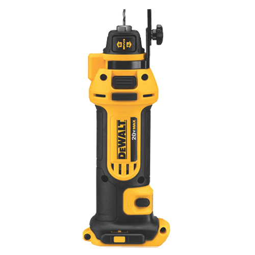 Dewalt cordless rotary tool with a yellow and black design, featuring adjustable speed settings and a compact body.