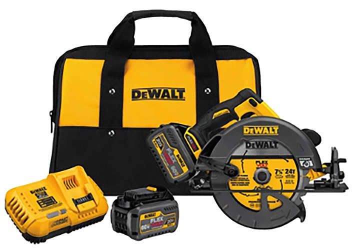 A Dewalt circular saw kit with a carrying bag, two batteries, and a charger, showcasing a yellow and black color scheme.