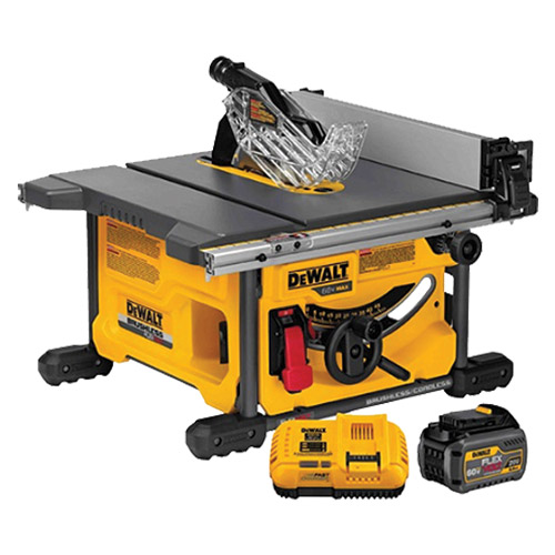 A DEWALT table saw with a clear blade guard, adjustable settings, and a battery charger next to it.