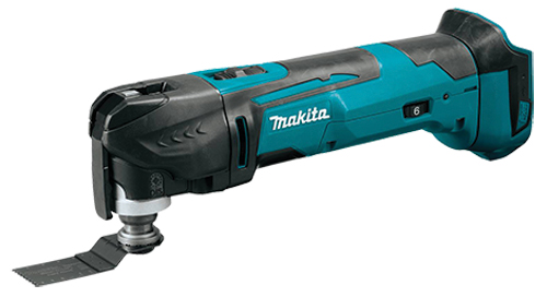A Makita cordless oscillating multi-tool with a black and teal design, featuring a blade attachment for cutting and sanding.