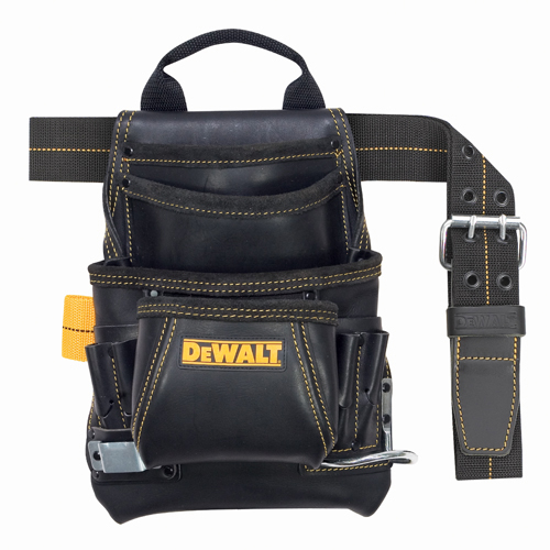 Black leather tool belt with multiple pockets and a yellow DeWALT logo.