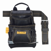 Black leather tool pouch with multiple pockets, a handle, and a belt strap, featuring the DeWalt logo.