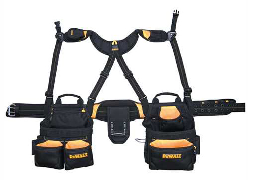 A DeWalt tool harness with black and orange pockets and straps for carrying tools and accessories.