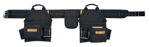 A black tool belt with two pouches, featuring multiple pockets for tools and a sturdy buckle.