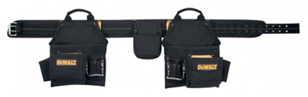 Black tool belt with multiple pockets and a logo, designed for carrying tools and equipment.