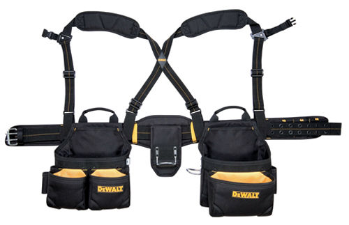 A black and yellow tool harness with adjustable straps, featuring multiple pockets for holding tools and accessories.