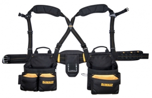 A black and yellow tool harness with multiple pockets and adjustable straps, designed for carrying tools efficiently.