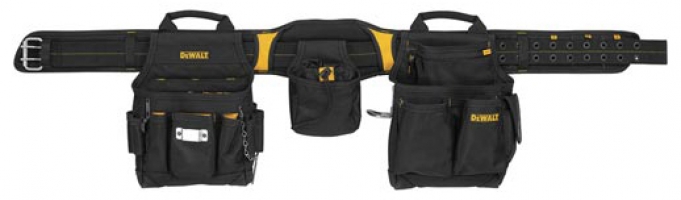 A black and yellow tool belt with multiple pockets and pouches for organizing tools and equipment.