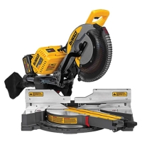 A yellow and black miter saw with a circular blade, mounted on a metal base, designed for cutting wood at various angles.